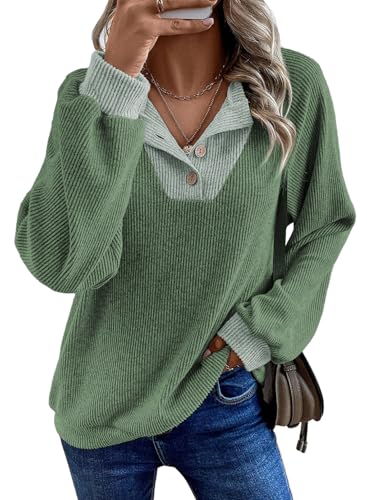 EVALESS Womens Long Sleeve Shirts Spring Fashion 2026 Patchwork Button Up V Neck Oversized Sweatshirt Casual Trendy Pullover Teacher Outfits Tops Mist Green Medium