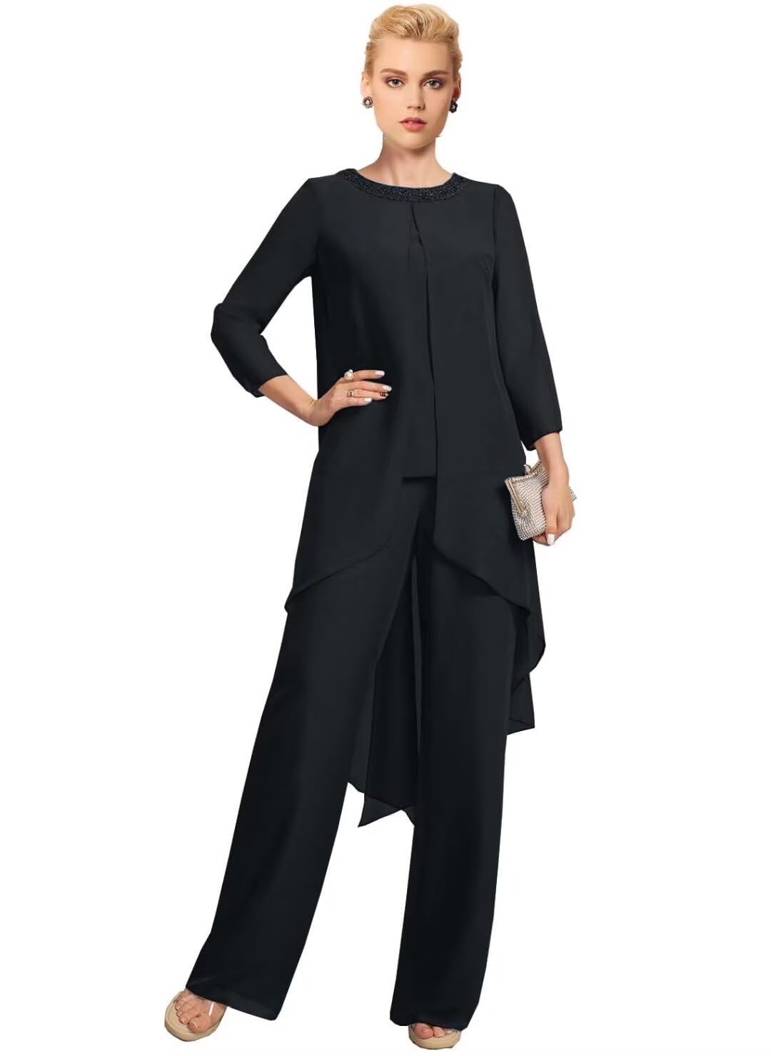 2 Piece Mother of The Bride Pant Suits for Women Dressy - 3 4 Sleeve Chiffon Sparkly Sequin