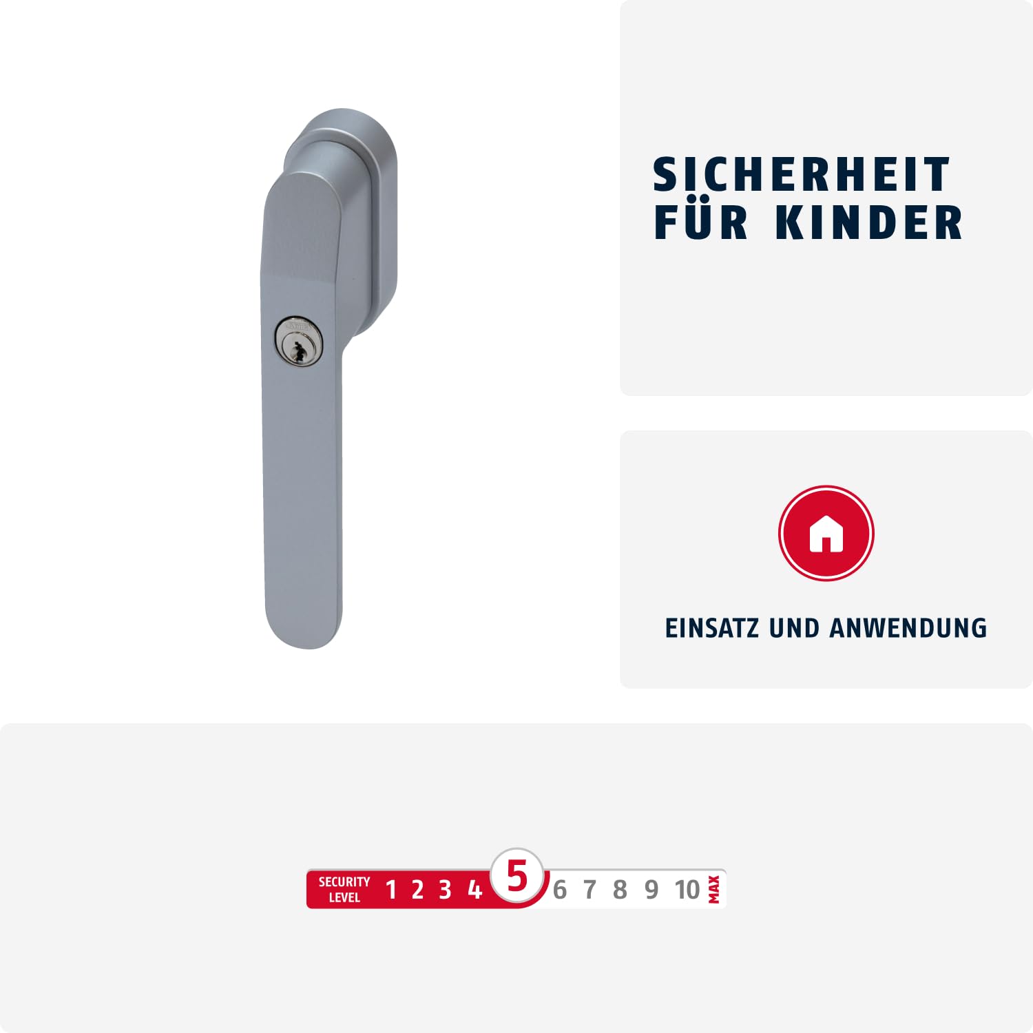 ABUS Abschließbarer Fenstergriff FG400 – mit Druckzylinder und Schlüssel – Kindersicherung und Einbruchschutz – universell passend – gleichschließend AL0089 – Sicherheitslevel 5 – Silber