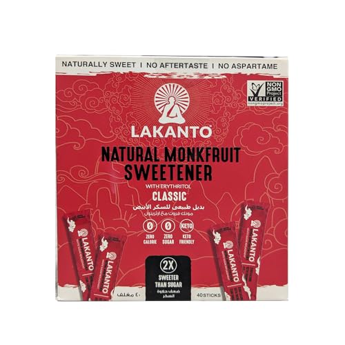Lakanto Classic Monk Fruit Sweetener 40 Packets x 2.5gram 2x Sweeter White Sugar Substitute Zero Calorie Keto Diet Friendly Zero Net Carbs Zero Glycemic Sugar Replacement 100gram