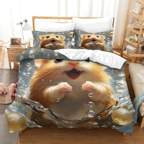 Housse de couette hamster mignon parure lit zippée microfibre anti-glisse