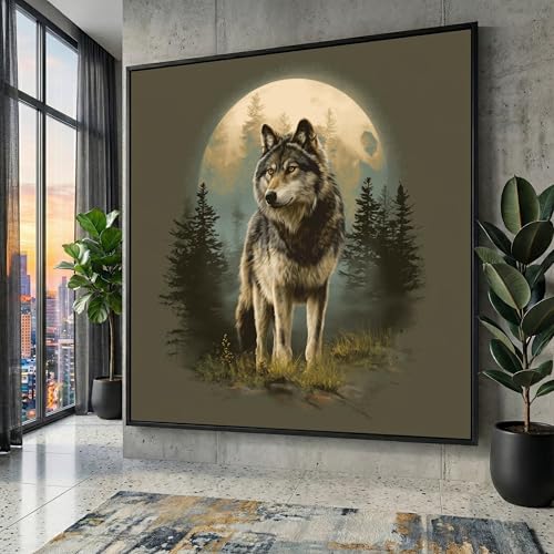 Peinture de scène de forêt avec loup et lune sur toile 50x50cm carrée