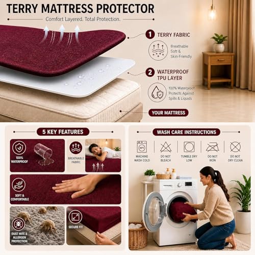 Image of Cotton Feel Terry 78x72 inch Ultra Soft Waterproof Mattress Protector King Size | Breathable Hypoallergenic Mattresses Cover for King Size Bed (Maroon)