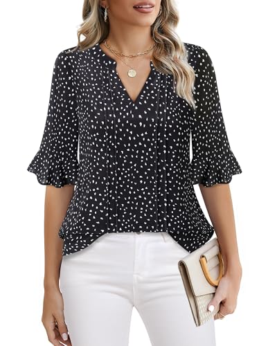 Bodhi talk Camicia da donna elegante in chiffon, estiva, per lavoro, business, casual, ufficio, feste, tunica, nero/bianco, XXL