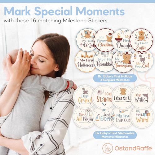 Image of Baby Boy Monthly Milestone Blanket with 16 Milestone Stickers - 60 inch x 40 inch - Wrinkle Free Baby Age Month Blanket - Washable & Fade Resistant - Ultra Soft Fleece for Mom & Baby Shower