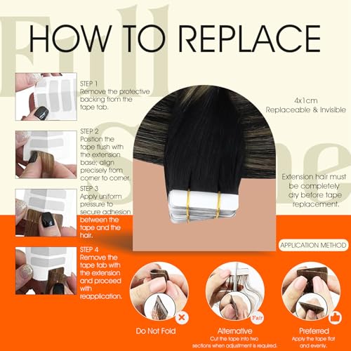 Image of Full Shine Tape ins Human Hair Extensions Balayage Tape in Hair Extensions 16Inch Seamless Skin Weft Tapes Extension 20pcs 1B Black to 27 Honey Blonde with 1B Invisible Straight Full Head 50G
