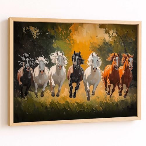 Image of HOTHOUSE Seven Running Vastu Lucky Horse Painting | 7 Horses Vastu Frame Wall Art Painting for Living Room Bedroom Office Home Decor Wall Decor Size (13X17 inch)