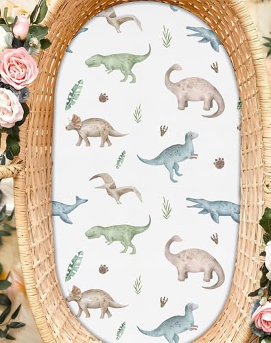 Image of Bassinet Sheets for Baby Girls Boys 2 Pack, Fitted Baby Mattress Sheet for Rectangle, Oval, Hourglass Bassinet Mattress, Breathable Cozy & Universal Fit (Dino Pals, Bassinet Sheet)