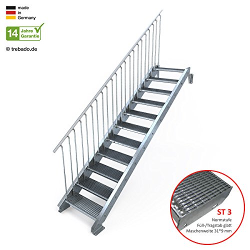 Preisvergleich Produktbild Außentreppe 11 Stufen 70 cm Laufbreite - einseitiges Geländer links - Anstellhöhe variabel von 183 cm bis 220 cm - Gitterroststufe ST3 - feuerverzinkte Stahltreppe mit 700 mm Stufenlänge als montagefertiger Bausatz
