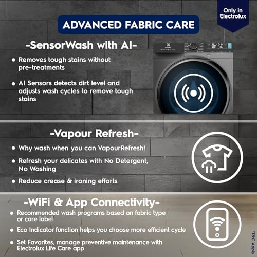Image of Electrolux 11kg 5 Star Front Load Washing Machine, 3 Year Warranty, AI SensorWash, WiFi, Full Load Vapour Wash, Hygienic Care, Woolmark, EcoInverter Motor, UltimateCare 700, EWF1142R7SB, Dark Silver
