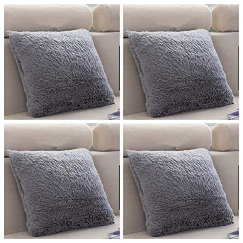 SET OF 4 - Extra Soft Teddy Bear Faux Fur Fleece Cushion Covers 45cm x 45cm / 18x18-14 Amazing Colours (Grey)