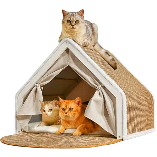 Katzenhaus Katzenzelt Sisal Kratzhaus, 2-in-1 Holz Katzenzelt Drinnen & Kratzbrett Katze, Katzenhöhle für Zwei Katzen, Katzen rückzugsort (Beige,...