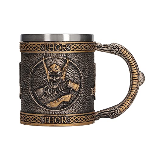 Kuuleyn Chope à Bière Viking,Tasse Viking Chope De Bière, Tasse De Doublure En Acier Inoxydable Peinte à la Main Décorative Rétro Médiévale En Résine Tasse De Bière Cadeau