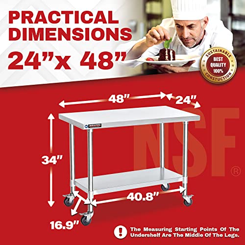 Image of DuraSteel 24x48 NSF Stainless Steel Cart - Heavy Duty Food Prep Table with Undershelf - Rolling Kitchen Island on Wheels for Commercial Restaurant Kitchen, Garage, Outdoor Cooking, BBQ Grill, Counter