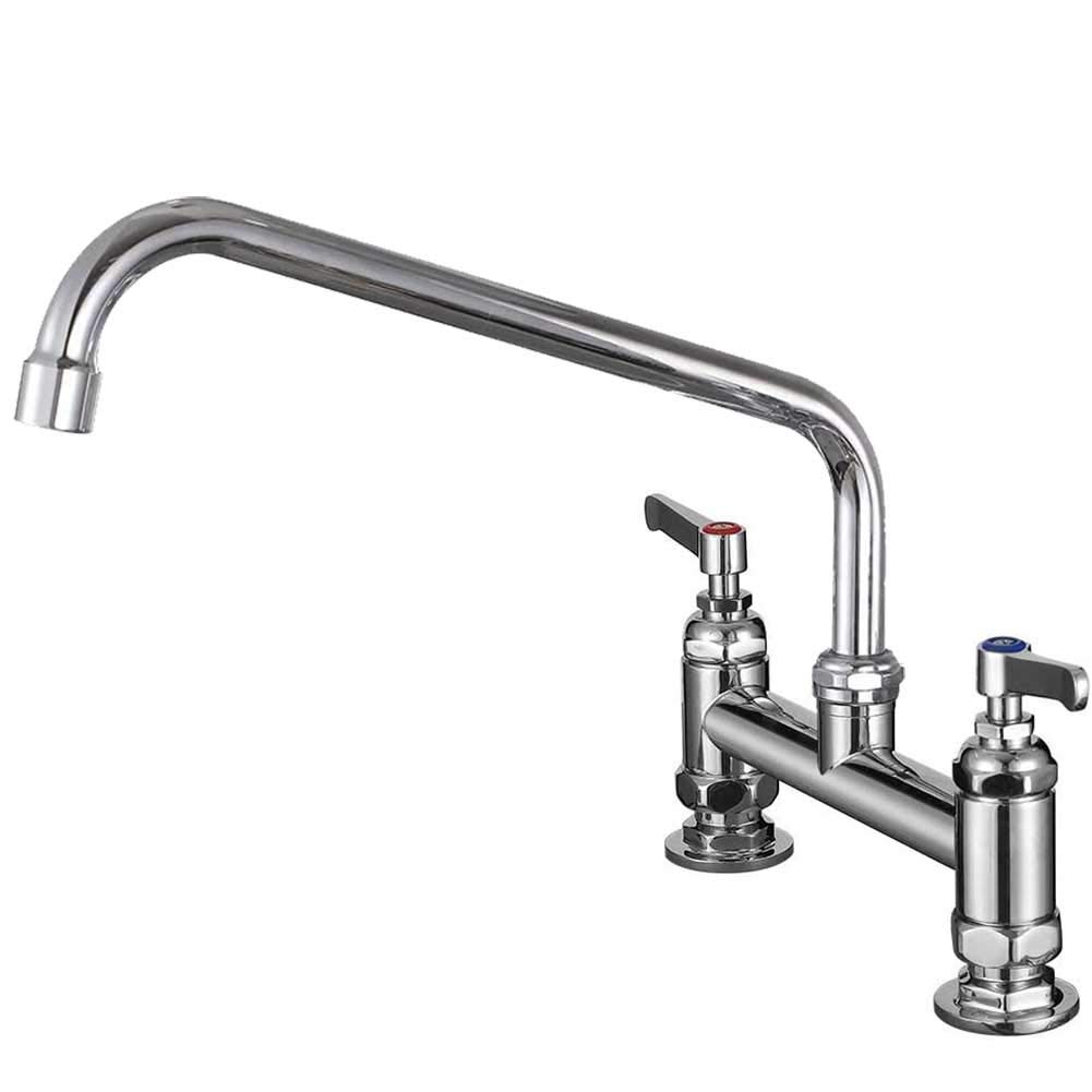 Commercial Kitchen Mixer Tap Double Wheel Handle with 14 Inch Swivel Spout Sink Tap, 2 Hole 8 Inch Center Deck Mounted, Brass Constructed Polished Chrome