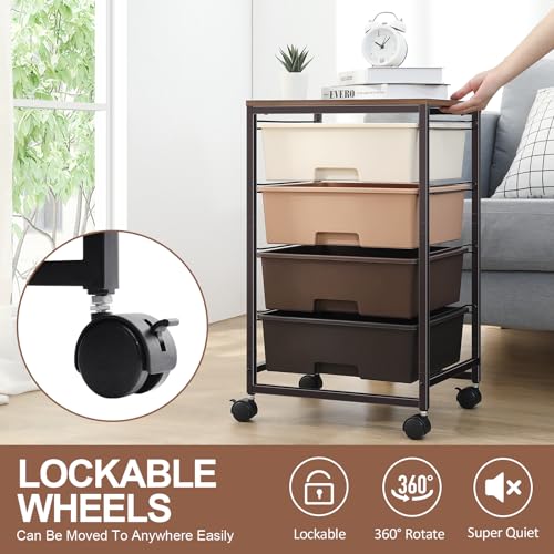 Image of SYKIARIOL Utility Cart with 4 Drawers, Brown | Rolling Storage Cart with Drawers, Storage Rolling Drawer Cart