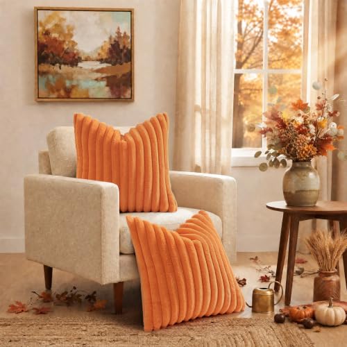Image of decorUhome Fall Faux Fur Throw Pillow Covers 20x20 Set of 2 Pumpkin Orange