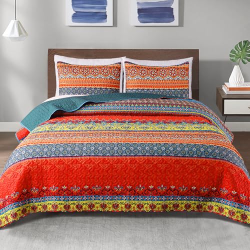 Exclusivo Mezcla Reversible Boho Quilt Set Twin Size, 2 Pieces Bohemian Blue All Season Bedspreads, Ultra Soft Floral Coverlet Bedding Set with Printed Pattern (1 Quilt, 1 Pillow Sham)