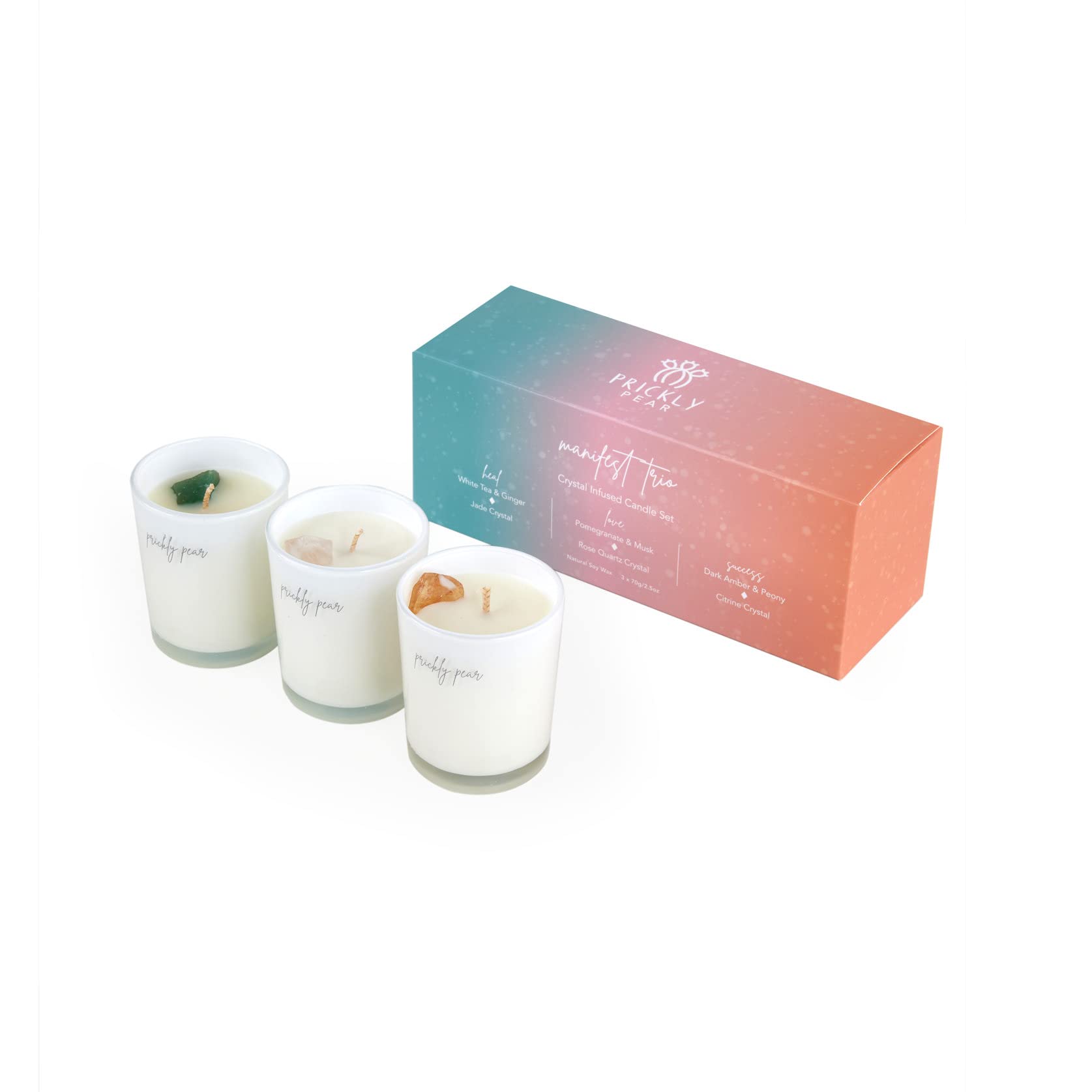 Prickly Pear 'MANIFEST TRIO' Rose Quartz, Jade & Citrine Crystal Infused Pomegranate & Musk + White Tea & Ginger + Dark Amber & Peony Scented Candle, 3 x 70 g, 1424PR9038