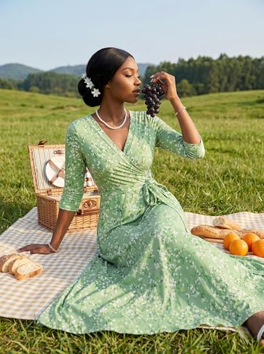 Image of Women's V Neck Floral Maxi Dress 3 /4 Sleeve Plus Size Boho Wrap Flowy Long Dresses with Belt