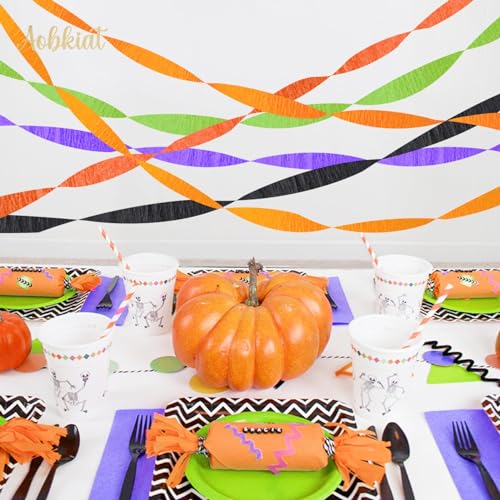 Image of AOBKIAT Halloween Streamers Party Decorations,in Orange Purple Black Green | 5 Rolls Crepe Paper Streamers for Halloween Thanksgiving Party Backdrop,DIY Tassel,Craft,1.8 inch X 82 ft /Roll