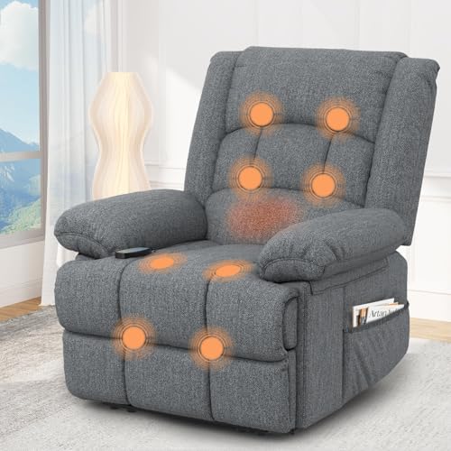 Srfzluxy Recliner Armchair Recliners with Massage & Heat Padded Armrest & Cushion Extended Footrest Manual Adjustable Single Sofa with Dual Side Pockets Reclining Chairs Living Room Sofa Chair