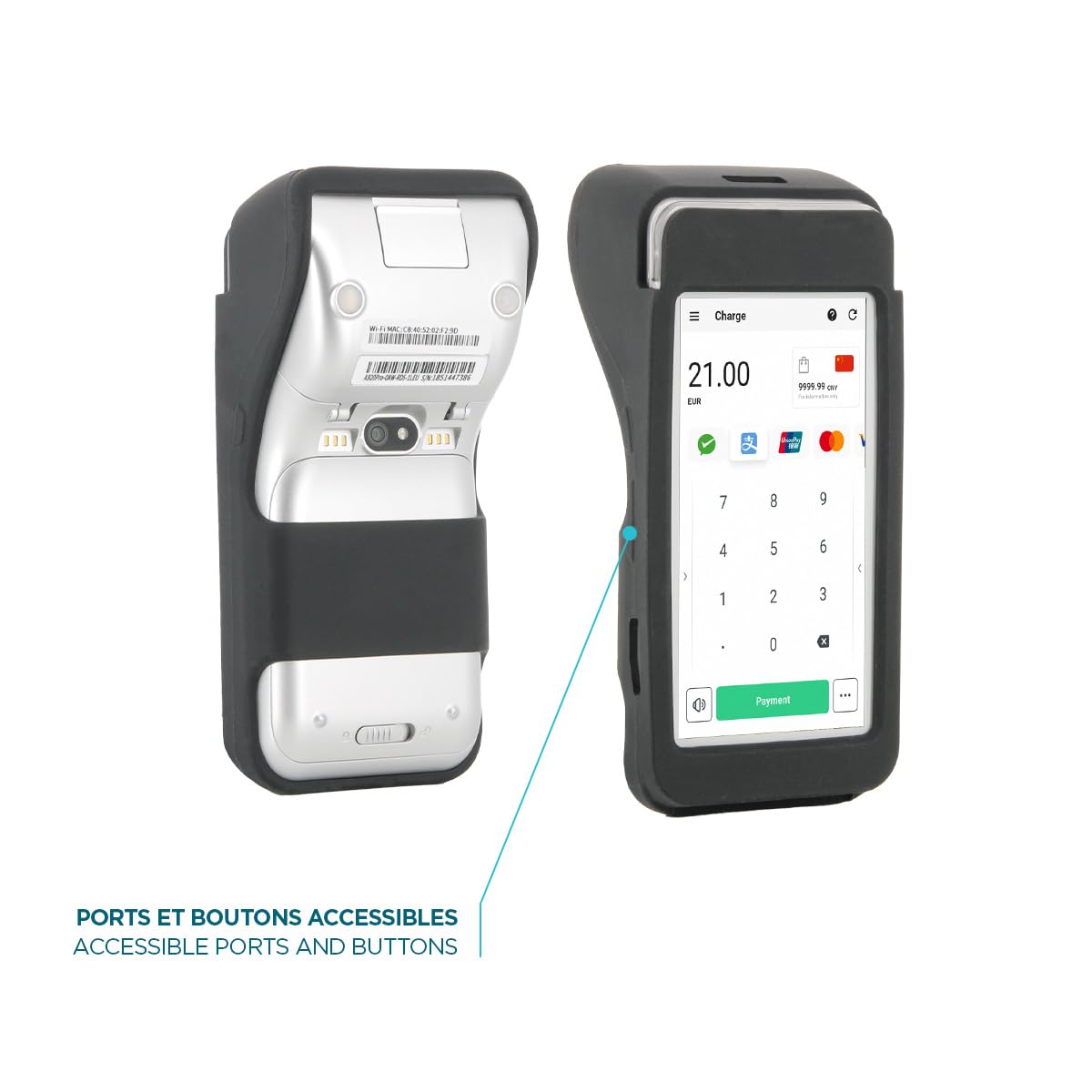 MOBILIS Coque de Protection pour Terminal de Paiement Pax A920 Pro|Etui en Silicone pour Lecteur de Carte Bancaire TPE Compatible Socle de Charge, Noir