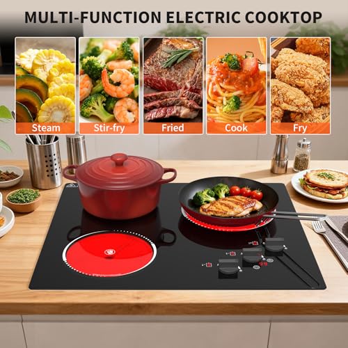 Image of VBGK Electric Cooktop 3 burner,24 inch Electric Stove Top,Touch and Knob Control,LED,9 Power Levels, Kids Lock & 99 minute Timer,5000W 3 burner cooktop with 220V 20-Amp (NEMA 6-20P) Plug.