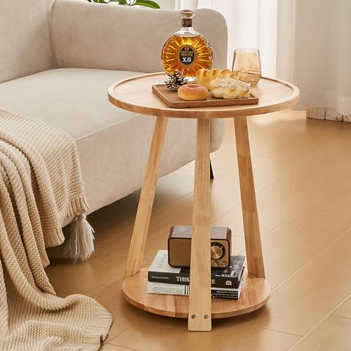 Round Living Room End Table - Natural Solid Wood Round Side Table with Lower Shelf for Living Room Couch, Bedroom Nightstand
