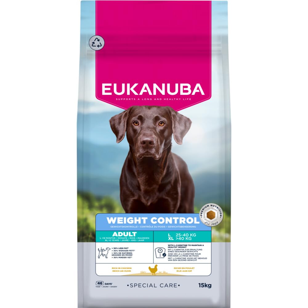 Eukanuba Weight Control karma dla psów z kurczakiem dla dużych ras, np. sterylizowanych/kastrowanych psów, niskotłuszczowa, sucha karma Special Care do utrzymania wagi lub diety w przypadku nadwagi