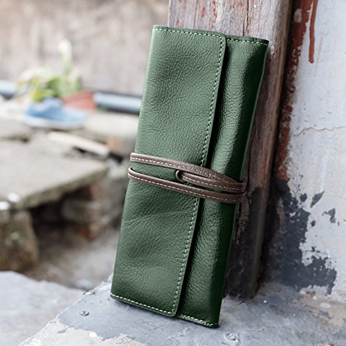 Image of ZLYC Handmade Leather Pencil Case Soft Roll Bag Stationery Gift,Green | multi slot pen storage design,school class daily use,office desk organizer,graduation holiday gift,foldable portable size