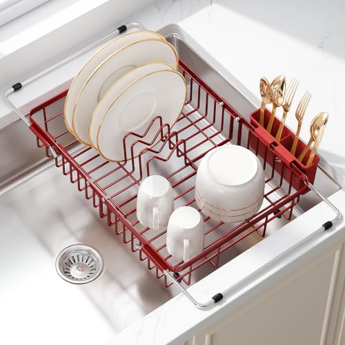 Image of JASIWAY Red Dish Drying Rack Over the Sink with Utensil Holder