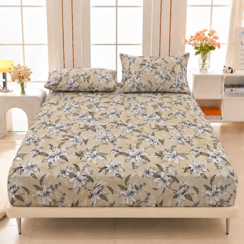 Image of VOMZER Elastic Fitted Warm Flannel Bedsheet King Size Warm Velvet Bedsheet for Winter Double Bed | 2 Pillow Covers, Size - 72 x 78 x 8 Inches (Serene Biege Floral)