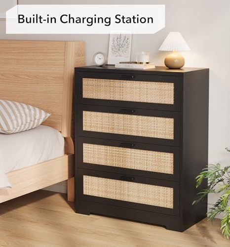 GarveeHome Rattan Dresser, Tall Chest of Drawers, Wood Dresser for Bedroom, Closet, Living Room, Hallway (Black, 15.8" D x 31.5" W x 38.6" H (4 Rattan Drawers))