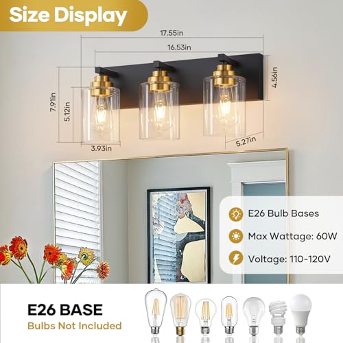 Image of Vanity Lights for Bathroom, 3-Light Black and Gold Bathroom Vanity Light Over Mirror with Clear Glass Shades, Modern Bathroom Light Fixtures for Living Room Hallway Cabinet (Bulbs Not Included)