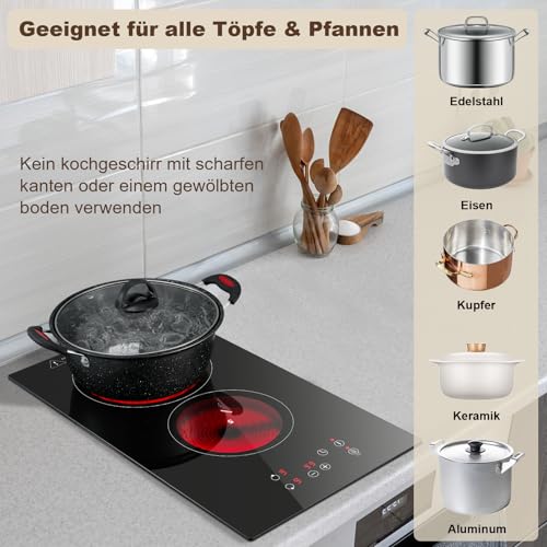 KICHPOWER Glaskeramikkochfeld 2 Platten, Kochfeld Einbau 30cm, Herdplatte 2 Kochfelder, Kochfeld 2 Platten mit Stecker, Touch-Steuerung, 3000W mit 9 Leistungsstufen, 1-99 Min Timer für Alle Töpfe