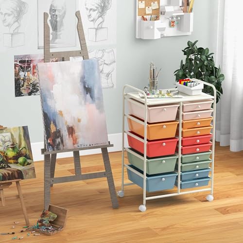 Image of LDAILY 15 Drawer Rolling Storage Cart, Rolling Cart with Drawers for Classroom, Art Supply Craft Organizer on Wheel with Metal Frame & Handles for Home Office School