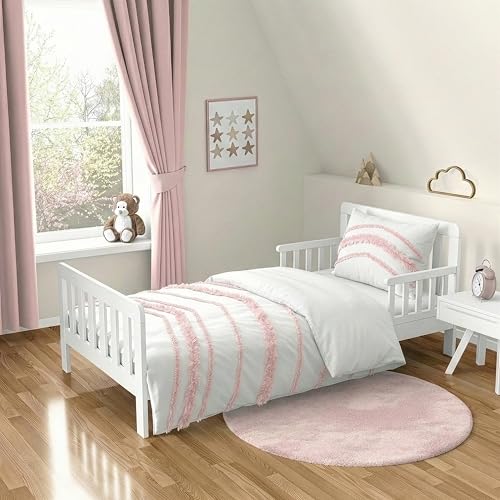Image of Sweet Jojo Designs 5-Piece Toddler Bedding Set (Pink Cotton Boho Bohemian) for Girls, Kids incl. Bed in a Bag Comforter, Blanket, Pillowcase, Sham & Sheets (Blush, Farmhouse Shabby Chic, Macrame Tuft)