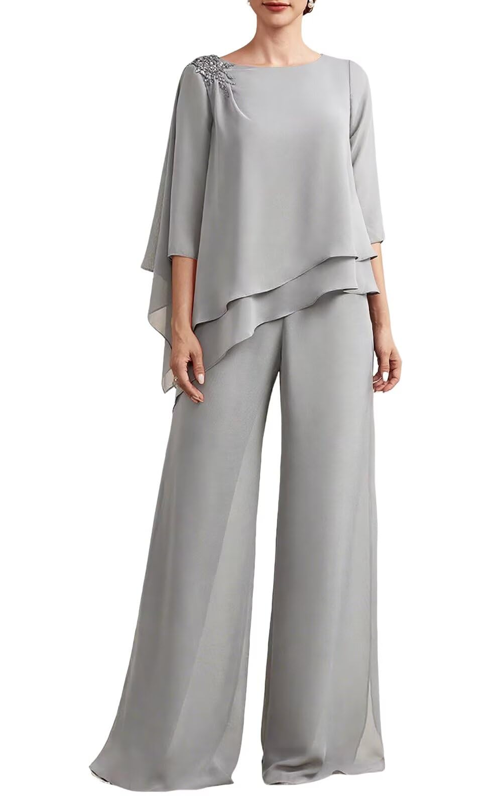 HEWEIGUI 2 Pieces Mother of The Bride Pant Suits for Wedding Guest Women Chiffon Formal Pantsuits with Sleeves