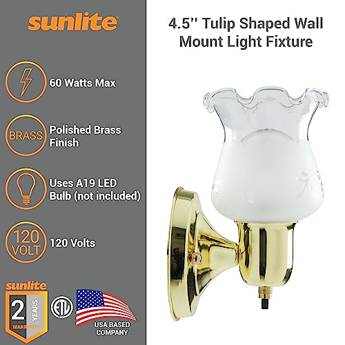 Image of Sunlite 04530 4.5-Inch Tulip Shaped Wall Mount Light Fixture, Polished Brass Finish, 60W A19 Max Bulb, Medium E26 Base, 120 Volts, Built-in Switch, ETL Listed, For Hallways, Living Room and Office Use