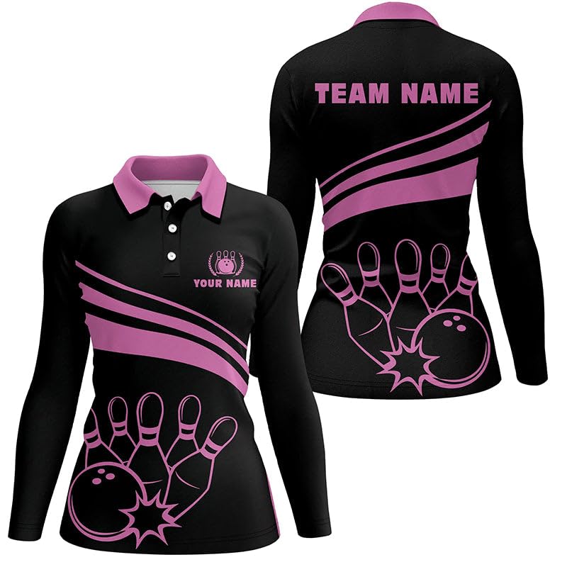 Schwarzes Männer & Frauen Bowling Trikot mit Polo & Viertelreißverschluss, Individuelles Team Jersey | Pink N6923