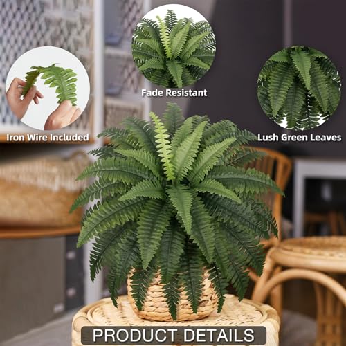 Fake Ferns - Set of 2 Faux Boston Ferns Large Artificial Plants, 40 Leaves per Bouquet, 35 Inches medium Artificial Ferns for Outdoors/Indoor Home, Office, Garden Decoration