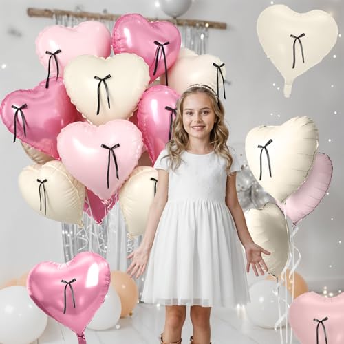Image of Pink Heart Balloons, 10 Pcs Pastel Pink Cream Heart Shaped Balloon with Black Bow Ribbon, 18 Inch Pink Sand White Foil Balloons for Girls Women Brithday Baby Shower Wedding Valentines Party Decoration