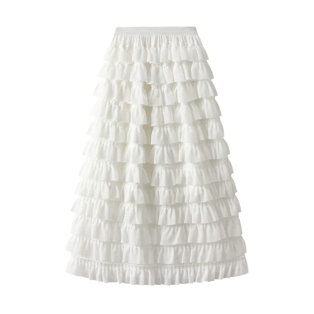 Gonne,Gonna Lunga da Donna Gonna A Pieghe in Chiffon Elastico A Vita Alta Bianca Semplice Dolce A-Line Gonne Lunghe con Volant A Strati Increspato per Ragazze Signore,L