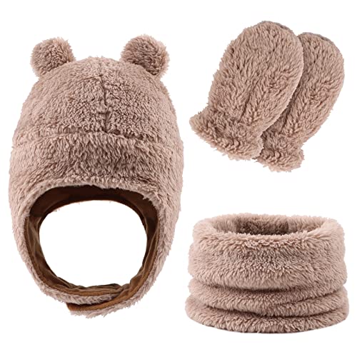 Image of Fleece Baby Hat Scarf Mitten Set Winter Toddler Beanie Warm Mittens Infant Scarves Ears Earflap Hats for Baby Boys Girls