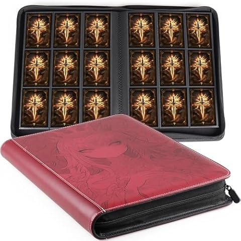 VEELAM 9 Pocket Trading Card Binder for 360 Side Loading Cards, Fixed Page Card Album with Zipper for Standard Size Trading Cards,Anime Red Cover