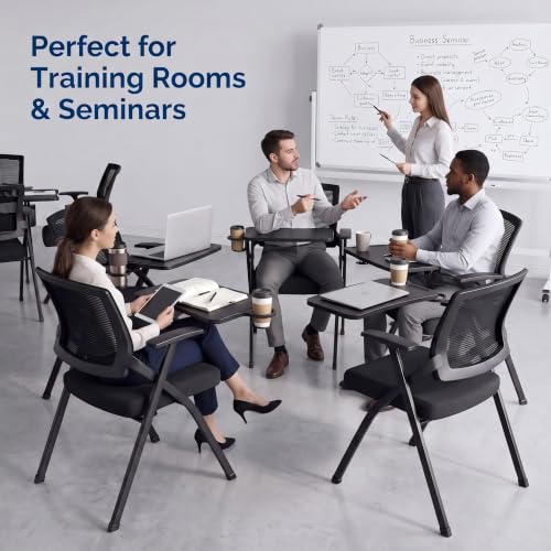 Image of 24 Pack Folding Training Chairs with Desk Attached, Nesting Conference Chair,Heavy-Duty Foldable Office Chair with Writing Board & Cup Holder, Mesh Back, Padded Seat for Meeting,Seminar, Classroom
