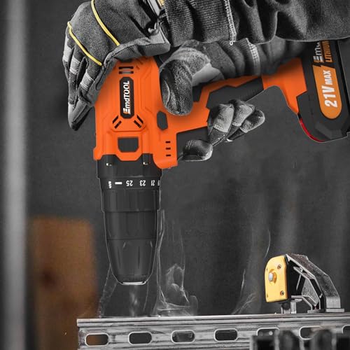21V Akku Bohrschrauber Set mit 1 Akkus 1,5Ah, Orange Akku Bohrmaschine Set für Bohrwände, Holz, Metall, Akkubohrer 45Nm 25+1 Drehmomentstufen, LED und Koffer, 2-Gang, 29 Stück Zubehör – Bild 8