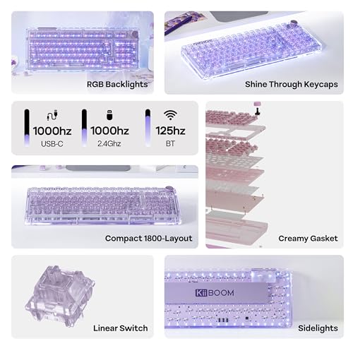 Image of KiiBoom Phantom 98 Hot Swappable Crystal Gasket-Mounted Mechanical Keyboard, Triple Mode NKRO Gaming Keyboard with South-Facing RGB, Clear Keycaps, 8000mAh Battery for Win /Mac (Purple)