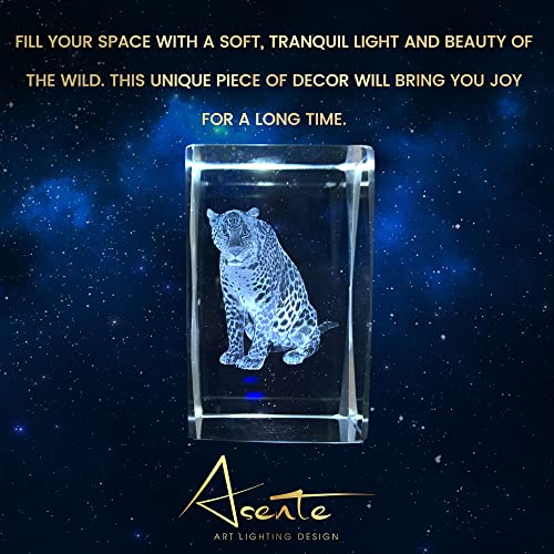 Asente 4 Ultra Bright Led Light Base Bundle With Leopard 3D Laser Etched Crystal Glass Picture - A Unique And Sentimental Gift For Collectors, Portable & Ultra Bight White Led Light #TOP4